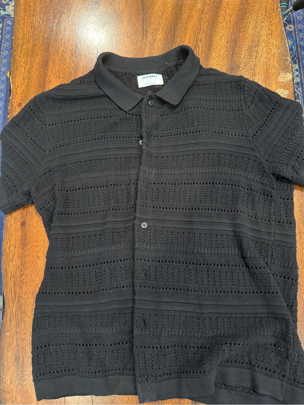 Old Navy Black Knit Shirt Crochet Resort Button Down for Men